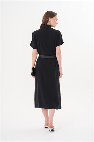 Deri Kemer Detaylı Tencel Elbise SİYAH