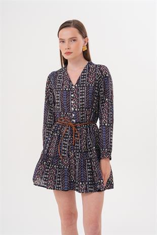 Deri Kemerli Kısa Elbise DESENLİ