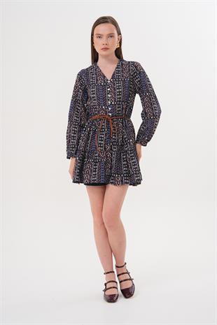 Deri Kemerli Kısa Elbise DESENLİ