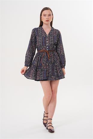 Deri Kemerli Kısa Elbise DESENLİ