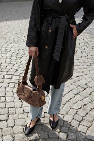 Leather Fabric Belted Womens Trenchcoat BLACK