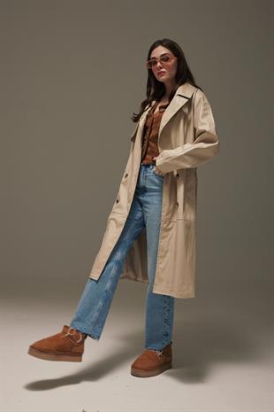 Leather Fabric Belted Womens Trenchcoat STONE