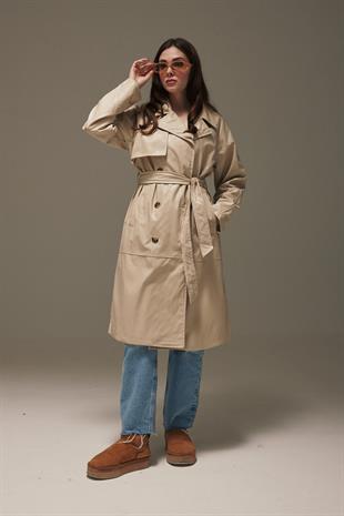Leather Fabric Belted Womens Trenchcoat STONE