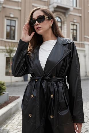 Leather Fabric Belted Womens Trenchcoat BLACK