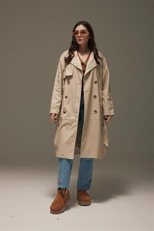 Leather Fabric Belted Womens Trenchcoat STONE