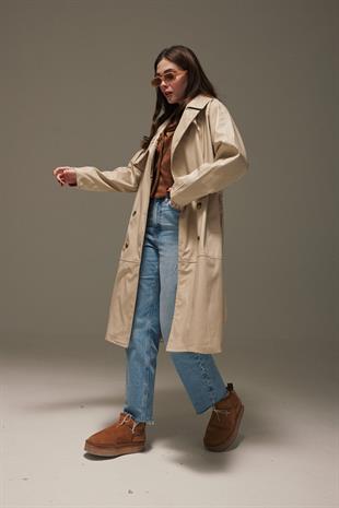 Leather Fabric Belted Womens Trenchcoat STONE