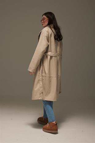 Leather Fabric Belted Womens Trenchcoat STONE