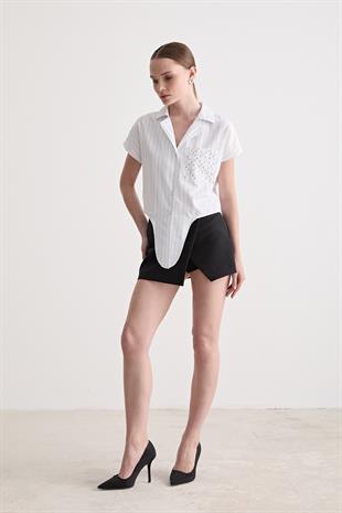 Drop Taş Detaylı Çizgili Gömlek BEYAZ ÇİZGİLİ