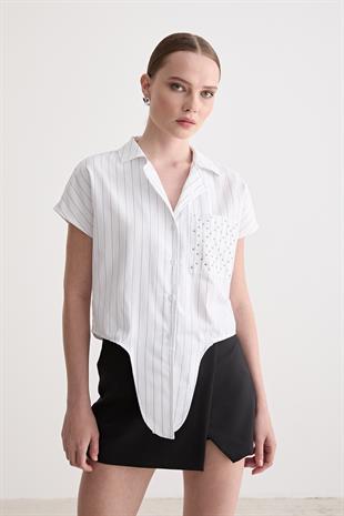 Drop Taş Detaylı Çizgili Gömlek BEYAZ ÇİZGİLİ