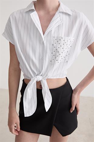 Drop Taş Detaylı Çizgili Gömlek BEYAZ ÇİZGİLİ
