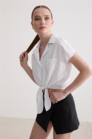 Drop Taş Detaylı Çizgili Gömlek BEYAZ ÇİZGİLİ