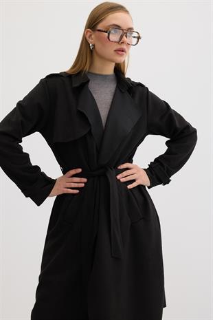 Düğme Detaylı Beli Kuşaklı Süet Trenç SİYAH