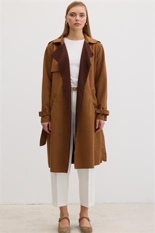 Düğme Detaylı Beli Kuşaklı Süet Trenç TABA