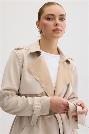 Düğme Detaylı Beli Kuşaklı Süet Trenç TAŞ