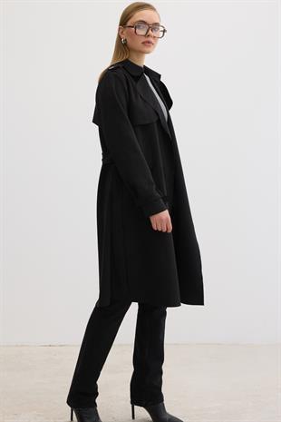 Düğme Detaylı Beli Kuşaklı Süet Trenç SİYAH