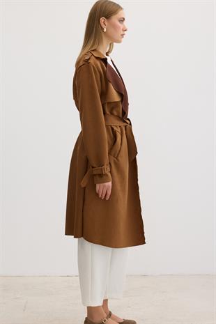 Düğme Detaylı Beli Kuşaklı Süet Trenç TABA
