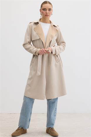 Düğme Detaylı Beli Kuşaklı Süet Trenç TAŞ