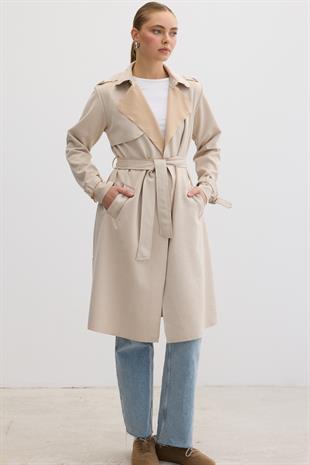 Düğme Detaylı Beli Kuşaklı Süet Trenç TAŞ