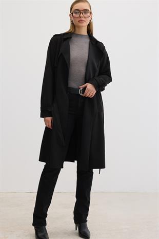 Düğme Detaylı Beli Kuşaklı Süet Trenç SİYAH