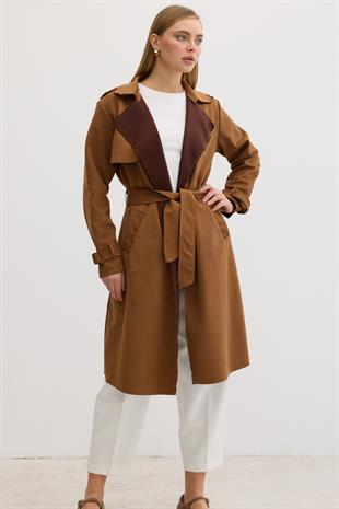 Düğme Detaylı Beli Kuşaklı Süet Trenç TABA