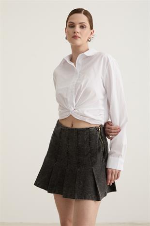 Düğme Detaylı Crop Bağlamalı Gömlek BEYAZ