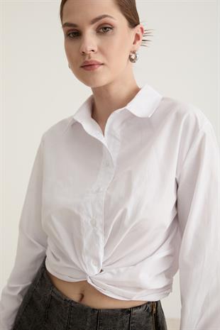 Düğme Detaylı Crop Bağlamalı Gömlek BEYAZ