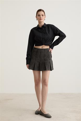 Düğme Detaylı Crop Bağlamalı Gömlek SİYAH