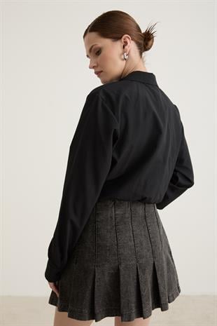 Düğme Detaylı Crop Bağlamalı Gömlek SİYAH