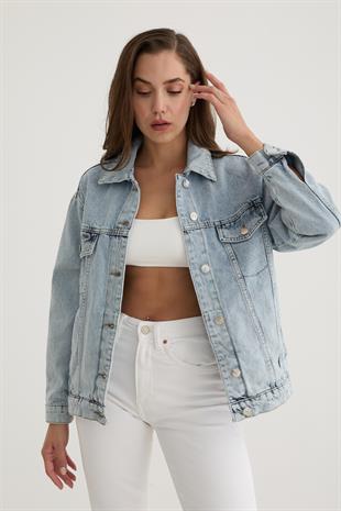 Düğme Detaylı Denim Kot Ceket KAR YIKAMA
