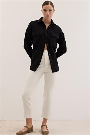 Düğme Detaylı Desenli Kapitone Gömlek SİYAH