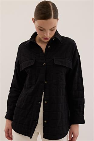 Düğme Detaylı Desenli Kapitone Gömlek SİYAH