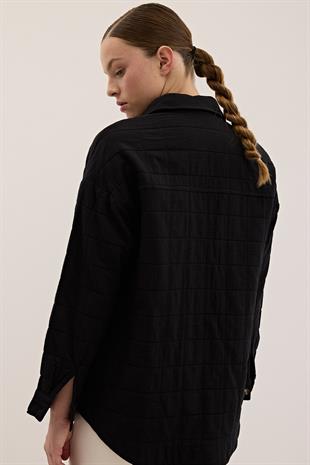 Düğme Detaylı Desenli Kapitone Gömlek SİYAH