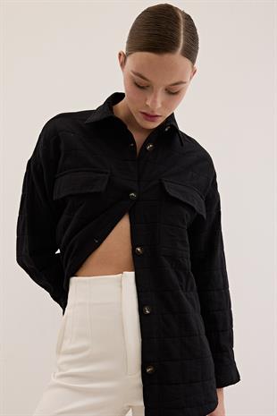 Düğme Detaylı Desenli Kapitone Gömlek SİYAH