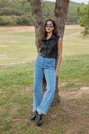 Düğme Detaylı Geniş Paça Kot Pantolon KAR YIKAMA