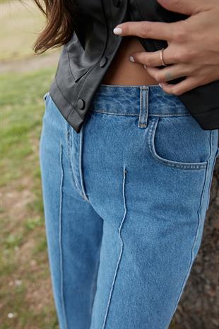 Düğme Detaylı Geniş Paça Kot Pantolon KAR YIKAMA