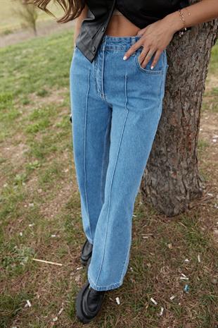 Düğme Detaylı Geniş Paça Kot Pantolon KAR YIKAMA