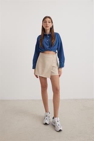 Düğme Detaylı Kadın Kot Gömlek KOYU MAVİ