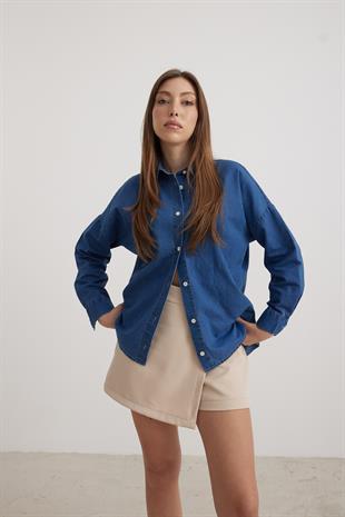 Düğme Detaylı Kadın Kot Gömlek KOYU MAVİ