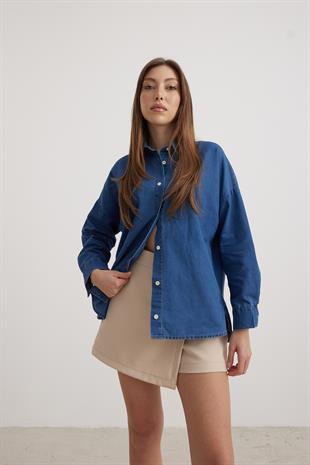 Düğme Detaylı Kadın Kot Gömlek KOYU MAVİ