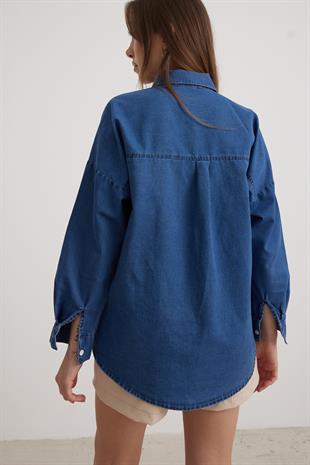 Düğme Detaylı Kadın Kot Gömlek KOYU MAVİ