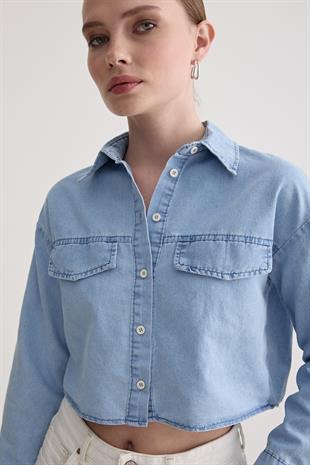 Düğme Detaylı Kot Gömlek BUZ MAVİ