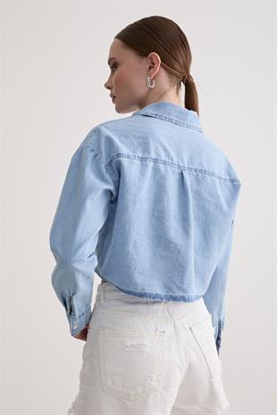 Düğme Detaylı Kot Gömlek BUZ MAVİ