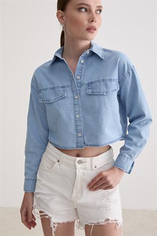 Düğme Detaylı Kot Gömlek BUZ MAVİ