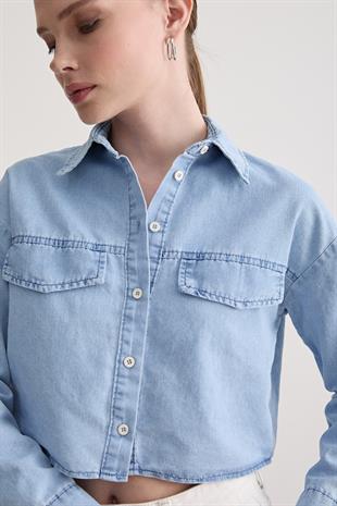 Düğme Detaylı Kot Gömlek BUZ MAVİ