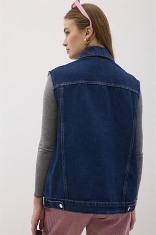 Düğme Detaylı Kot Yelek RİNS YIKAMA