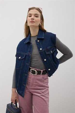 Düğme Detaylı Kot Yelek RİNS YIKAMA