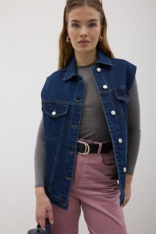 Düğme Detaylı Kot Yelek RİNS YIKAMA