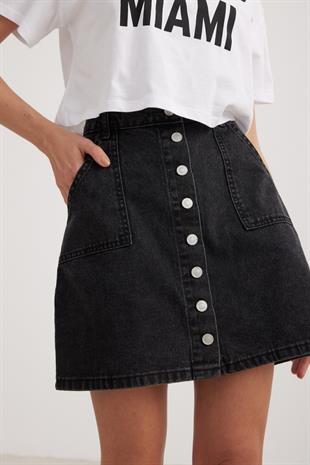 Black Denim Buttoned Denim Skirt BLACK