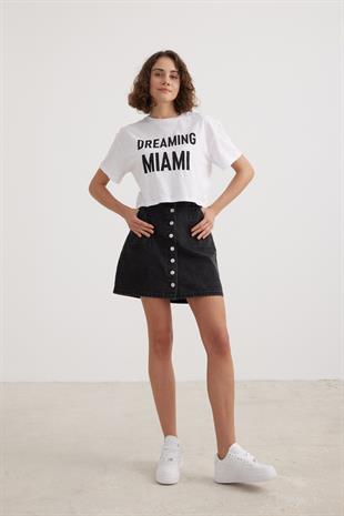 Black Denim Buttoned Denim Skirt BLACK