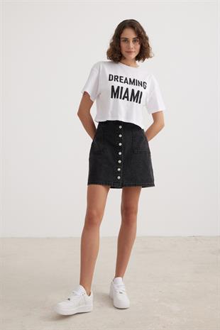 Black Denim Buttoned Denim Skirt BLACK